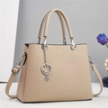 Beige striped tote bag with top handles and smiley pendant for women's daily commute - Khaki