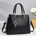 Chic black woven texture tote bag with smiley face pendant and detachable strap - Black