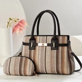 2-piece striped woven tote and coin purse set with black leather straps and gold lock - Brown
