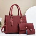 Three-piece burgundy women's handbag set with striped pleat texture and gold hardware - Red