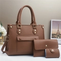 Three-piece brown litchi pattern leather handbags with elegant gold metal hardware - Brown