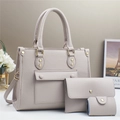 Three-piece set of beige lychee grain faux leather tote bag with gold stud hardware - Gray