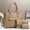 Detailed set of three litchi texture bags with gold rivets and elegant earth tones - Khaki