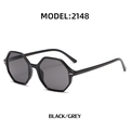 Octagon black sunglasses with grey lenses and rivet detail, model 2148 design - Black Frame Grey Lens