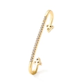 Minimalist gold ear cuff featuring a row of white zircons and petal-shaped accents - Curved Three-Point Style (HE012) / Gold