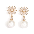 Eleganti orecchini a margherita placcati oro con pietre di zirconi e perle bianche - Placcato Oro