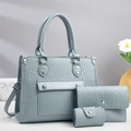 Light blue 3-piece women's handbag set featuring embossed tote, wallet and card holder - Blue