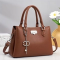 Dark brown lychee pattern PU leather tote bag with elegant pearl chain and silver lock - Earthy Yellow