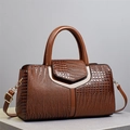 Brown tote bag in glossy crocodile embossed leather with V-shaped patchwork design - Khaki/Earth Yellow