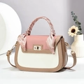 Borsa a mano quadrata a tre colori da donna con manico a foulard e chiusura dorata - Stile con manico decorato con foulard di seta / Cachi Con Rosa