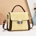 Elegant two-tone leather handbag with creamy pleated flap and dark brown handles - Pleated Texture Style / Yellow