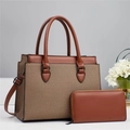 Detail of two-piece brown leather and burlap handbag set with matching long wallet - Khaki