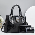 3-piece black glossy faux leather handbag set with croc texture and gold hardware - Black