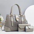 Three-piece fashion handbag set in grey-green featuring crocodile pattern and gold hardware - Gray