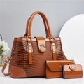 Three-piece brown crocodile pattern faux leather tote bag with gold ring and shoulder strap - Earthy Yellow