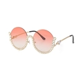 Occhiali da sole tondi con lenti sfumate rosa e montatura dorata con strass incastonati - C3 Arancione (Senza Catena)