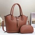 Brown lychee texture tote bag set with matching small zipper pouch and shoulder strap - Khaki/Earth Yellow