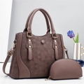 Brown handbag set with geometric triangle pattern and matching sub-bag in premium leather - Coffee