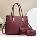 Three-piece wine red tote bag set with pebble leather and embroidery details - Red