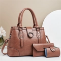 Three-piece brown faux leather tote set with vintage texture and circular hardware - Brown Red