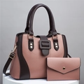 Detailed view of pink and brown pebble leather tote bag set with matching envelope wallet - Pink