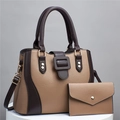 Detail view of khaki and brown litchi grain leather tote bag and matching wallet - Dark Khaki