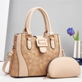 Two-piece khaki tote bag set with geometric diamond pattern and adjustable shoulder strap - Khaki