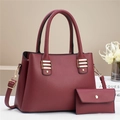 Burgundy lychee grain leather tote bag set with golden metal trim and crossbody strap - 2-Piece Set / Red
