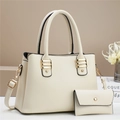 Elegant cream textured leather tote bag set with golden hardware and shoulder strap - 2-Piece Set / Off-white