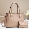 Elegant beige textured leather tote and wallet set with gold hardware on a desk - 2-Piece Set / Light Khaki