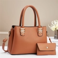 Brown lychee leather tote bag and envelope wallet set with gold hardware on beige background - 2-Piece Set / Khaki/Earth Yellow
