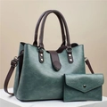 Dark green leather handbag set with shoulder strap on a white stand, 2-piece tote and wallet - Green