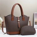 Elegant brown monogram tote bag set with matching small pouch and gold hardware accents - Coffee with Brown