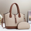 Classic printed tote bag set with brown leather handles and matching small pouch - Khaki & Brown
