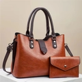 Retro brown textured leather handbag set with matching envelope wallet and silver hardware - Khaki/Earth Yellow