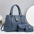 Three-piece blue litchi pattern leather handbag set with shoulder strap and gold hardware - Blue