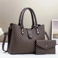 Deep brown printed tote bag set with matching wallet and adjustable shoulder strap - Coffee