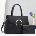 Black two-piece bag set with striped texture, gold buckle, and matching envelope wallet - Black