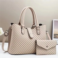 Elegant beige printed tote bag and envelope wallet set with vintage metal hardware - Khaki