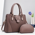 Taupe two-piece tote bag set featuring pleated texture and gold hardware detailing - Coffee