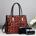 Rotes Leopardenmuster 3-teiliges Taschenset mit Tote, Geldbörse und Beutel in Lackoptik - Rot