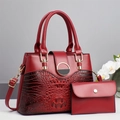 Red crocodile texture patchwork tote bag set with envelope wallet and gold metal hardware - Main Bag and Pouch / Red