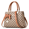 Brown checkerboard handbag with floral patterns, bow charm, and detachable strap - Khaki Plaid - Earthy Yellow