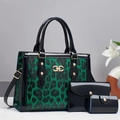 Chic 3-piece green leopard print tote set with patent leather handles and gold buckle - Green