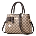 Checkerboard patterned handbag with large brown bow and floral charm in coffee finish - Khaki Plaid - Coffee