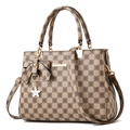 Checkered bow handbag in khaki and coffee colorway with floral logo patterns - Khaki Grid