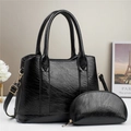 Elegant black lychee grain tote bag set with matching pouch and gold hardware accents - Black