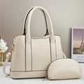 Off-white lychee leather tote bag set with matching makeup pouch and gold hardware - Off White