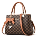 Brown checkerboard tote bag with floral patterns and a large bow charm accent - Coffee Plaid - Earthy Yellow