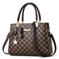 Brown checkered handbag with floral patterns, bow charm and adjustable shoulder strap - Coffee Plaid - Coffee